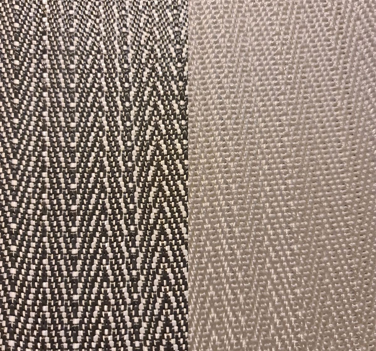 Close-up of the CPRO Mooring H&L weave: black-and-white herringbone outer face beside the white inner face